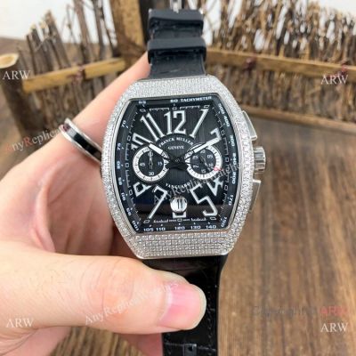 Best Replica Franck Muller Vanguard Chronograph Men Watch SS Diamond Case Black Dial